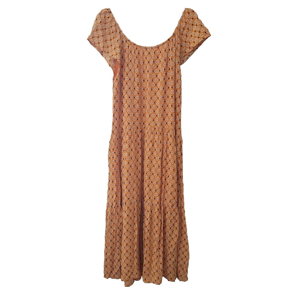 Women's Tiered Maxi Dress w/Pockets SZ L Peasant Boho Orange Blue Diamond - Picture 6 of 14